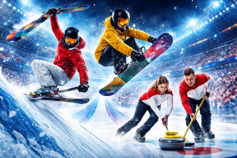 冬季スポーツの新競技をイメージした画像で、スタジアムの中でスキーとスノーボードでジャンプする選手と、カーリングのミックスダブルスがプレーしている様子が描かれている。