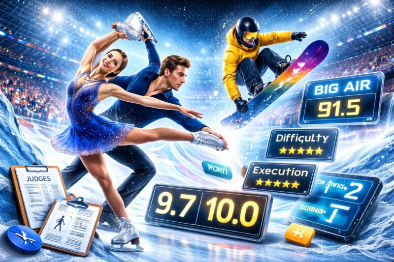 フィギュアスケートのペアが演技している様子と、空中でトリックを決めるスノーボード選手、採点を示すスコア表示や審判の評価イメージが組み合わされた採点競技のイメージ画像。
