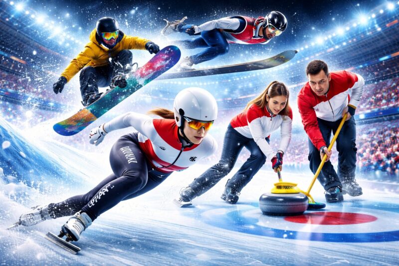スピードスケートで滑走する選手、空中でトリックを決めるスノーボード選手とスキージャンプ選手、カーリングでストーンを操作する男女ペアが描かれた冬季オリンピック競技のイメージ画像。