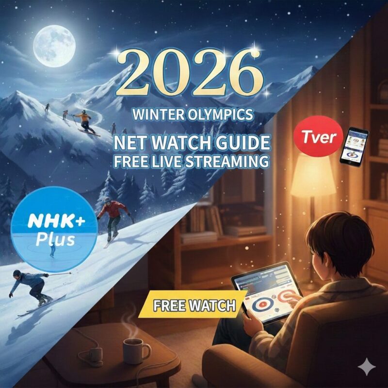 2026年ミラノ冬季オリンピックをネット視聴する様子。夜の室内でタブレットを使いTVerやNHKプラスで無料ライブ配信を楽しむ人と雪山の競技シーンのイメージ。
