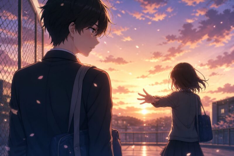 夕焼けの学校屋上での別れ