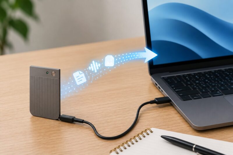 PLAUD NOTEデータ転送の未来的デスクトップ