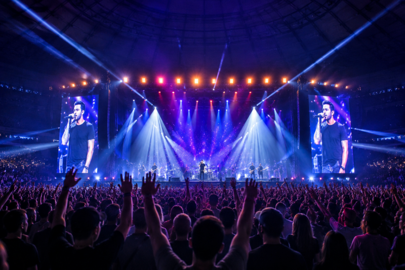 マルーン5の2027年東京ドーム公演をイメージした大規模なライブ会場とステージ