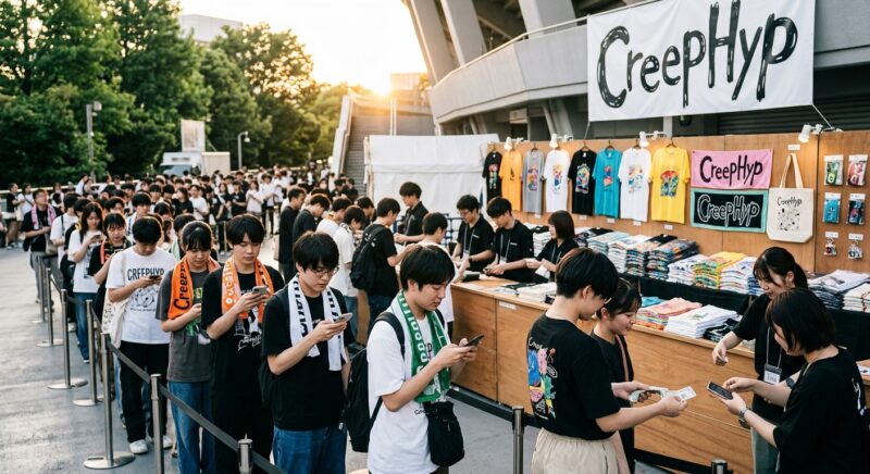 クリープハイプのライブ会場物販で整理券を手に並ぶファンとグッズ売り場の風景