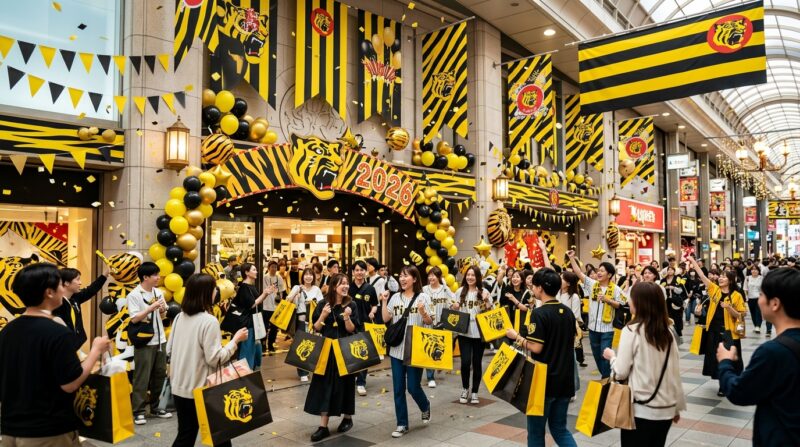 阪神タイガースの優勝セールで賑わうアーケード商店街と黄黒のトラ柄装飾の中で買い物をする人々