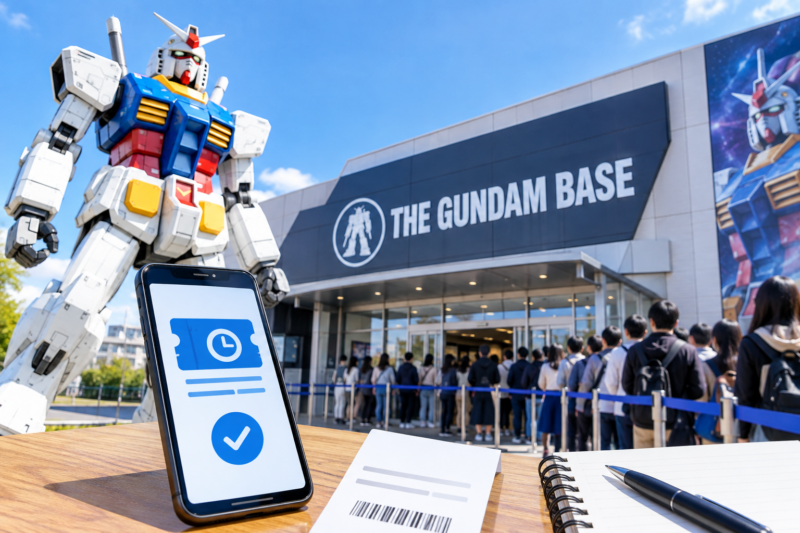 ガンダムベース大阪の入口とガンダム立像、整理券をイメージしたスマートフォンを描いたイメージ画像